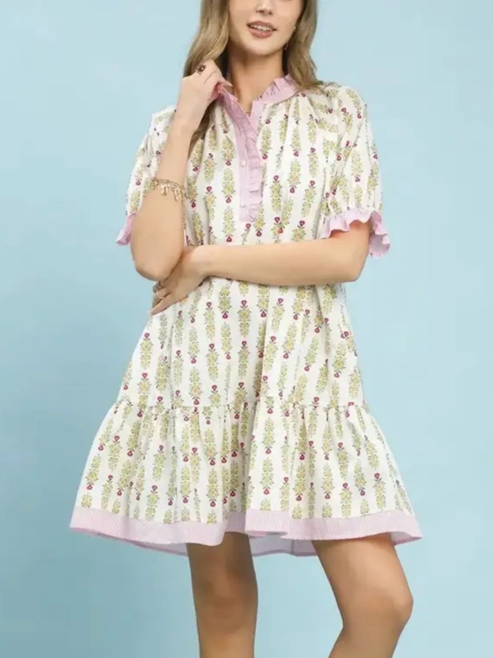 Umgee White Floral Shift Dress with Pink Trim